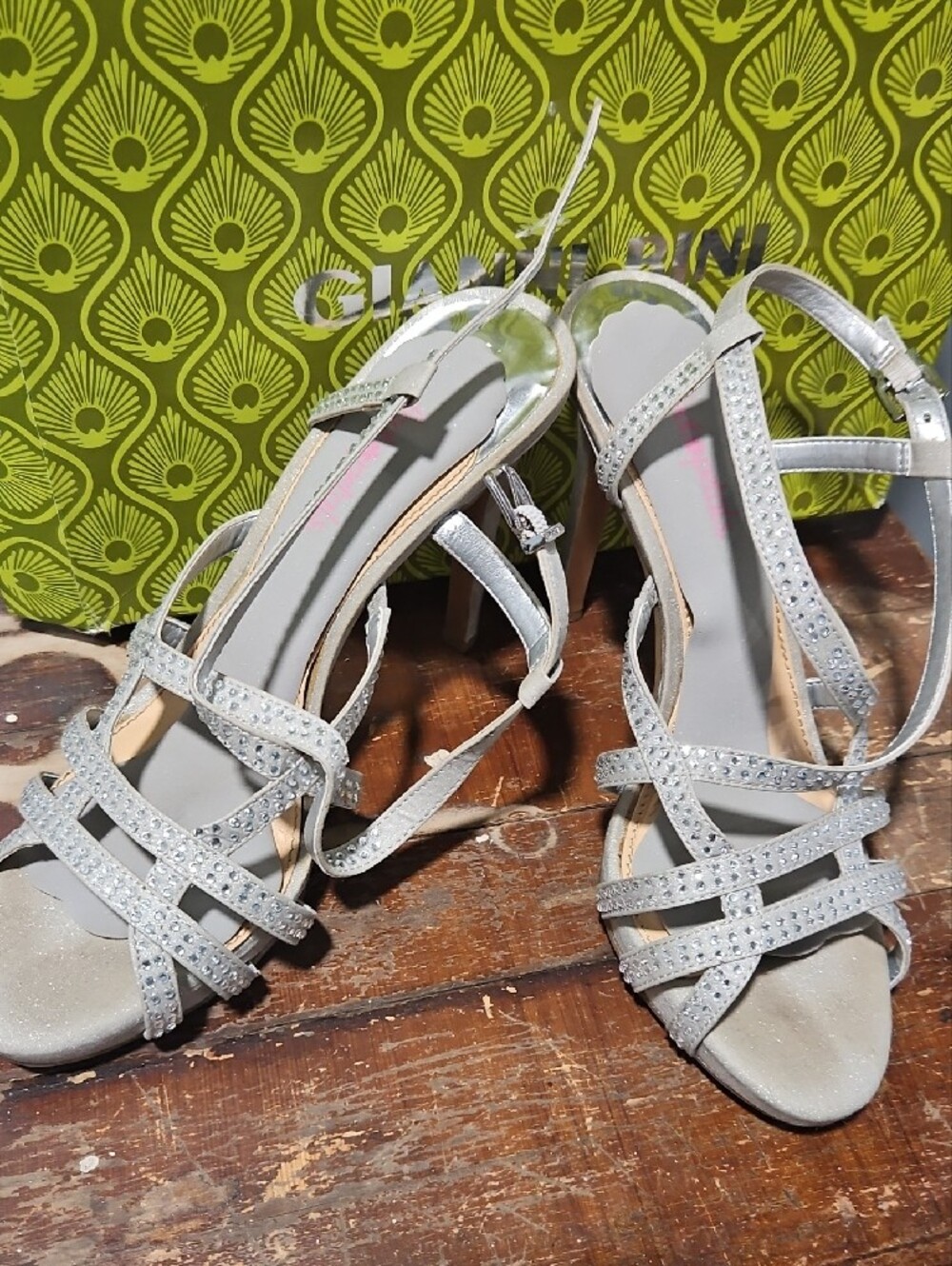 Gianni Bini Silver Rhinestone Strappy Heeled Sandals - Picture 2 of 16